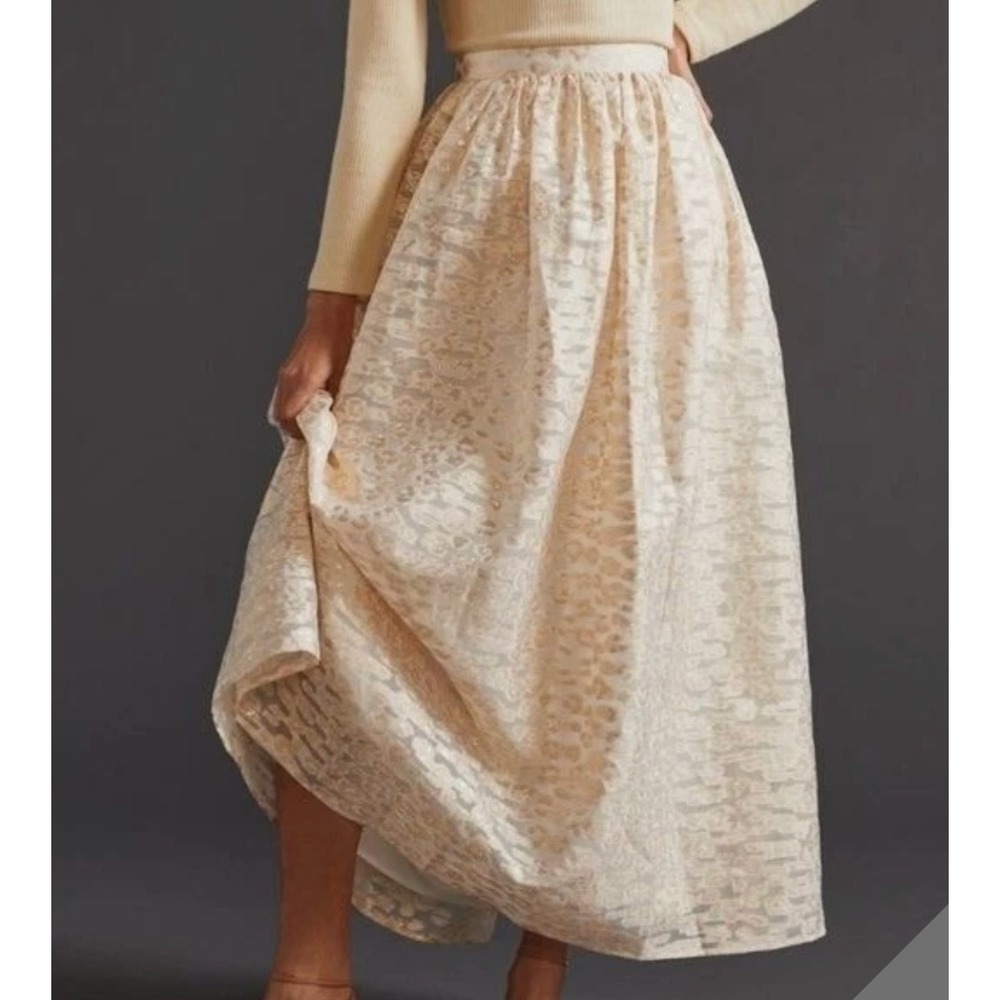 Pankaj Nidhi Metallic Burnout Skirt Small Cream Gold Animal Print Pleated Anthro